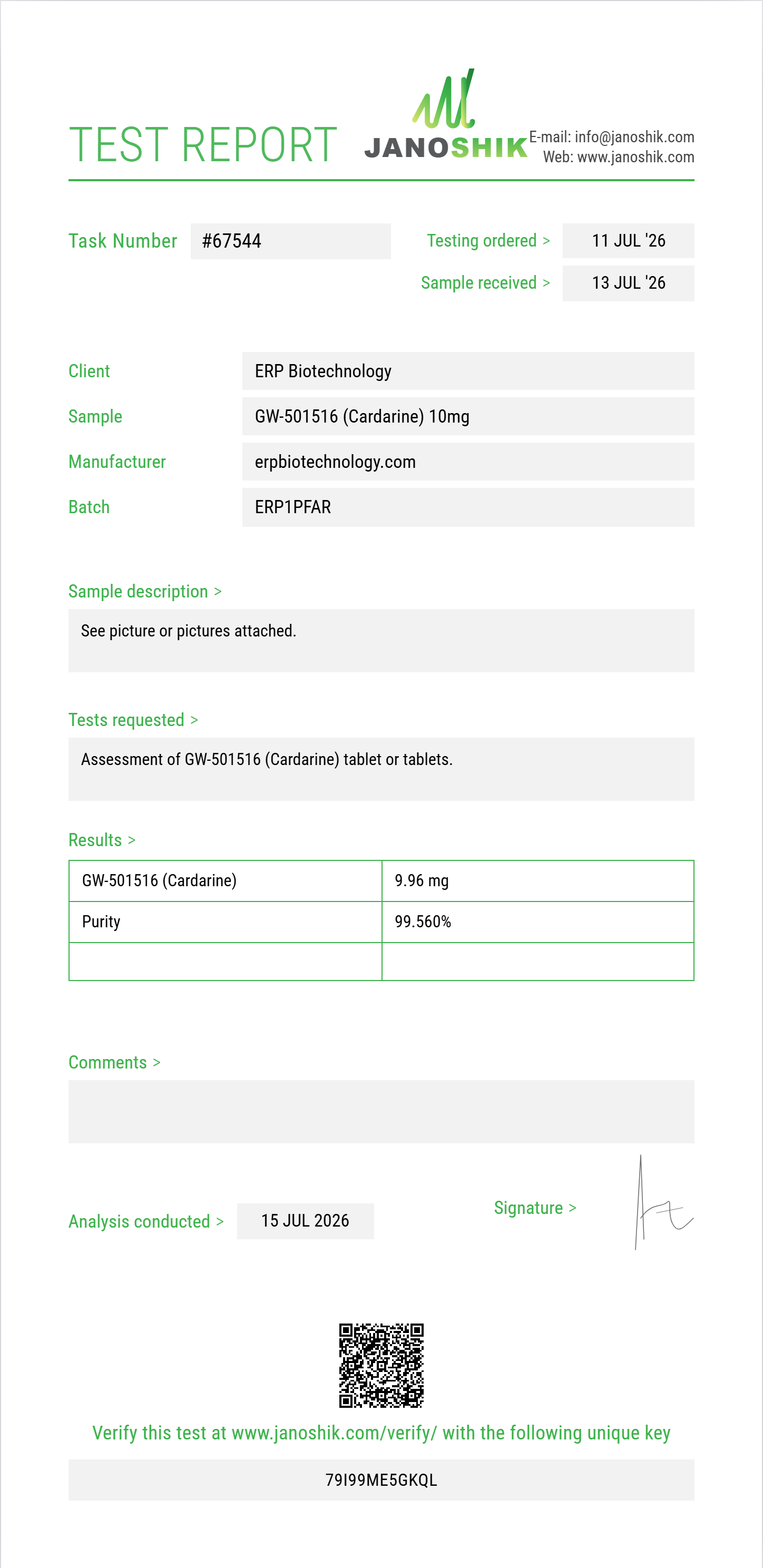 GW-501516 (Cardarine) Purity (HPLC) report by Janoshik Analytical