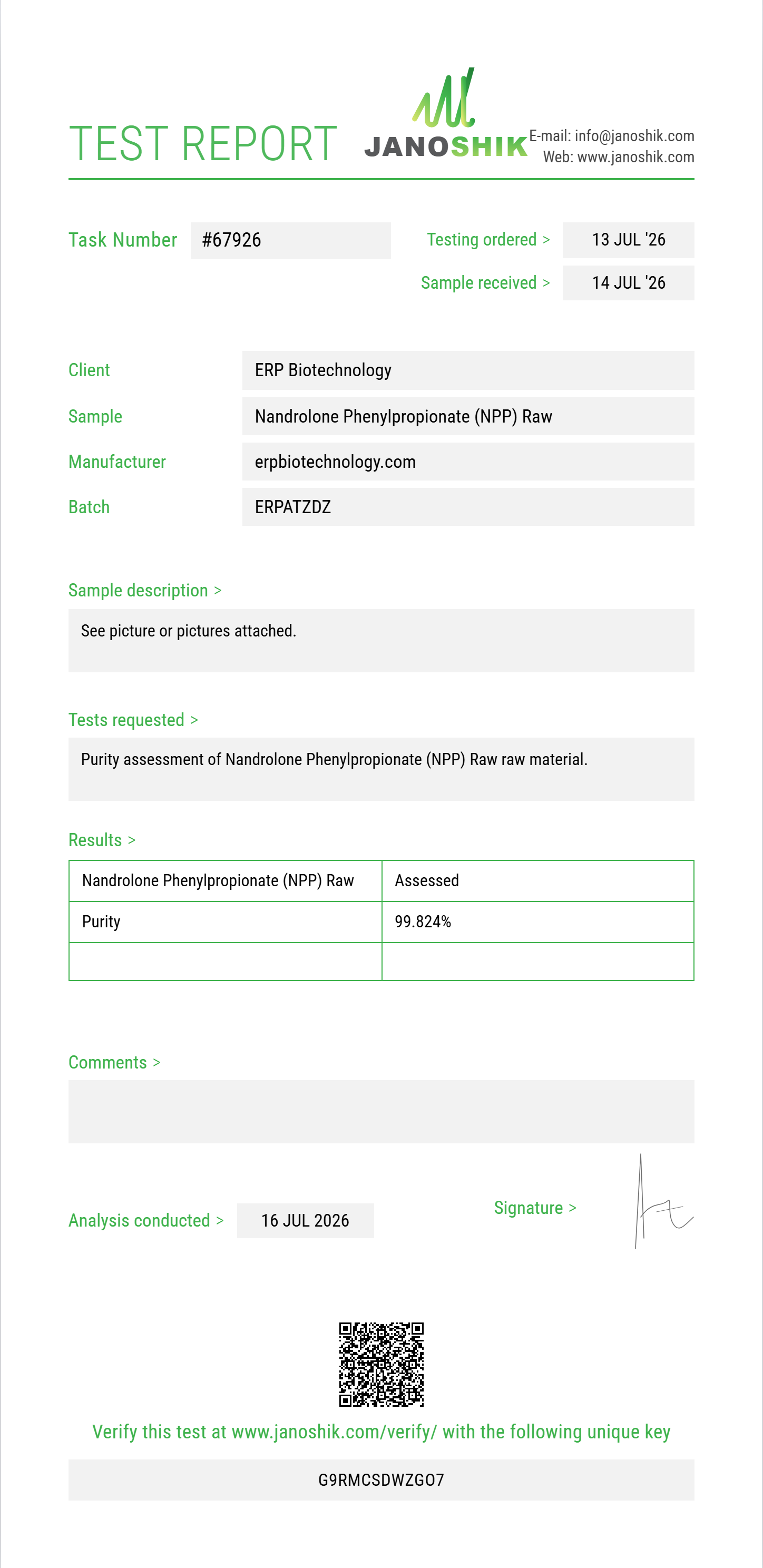 Nandrolone Phenylpropionate (NPP) Raw Purity (HPLC) report by Janoshik Analytical