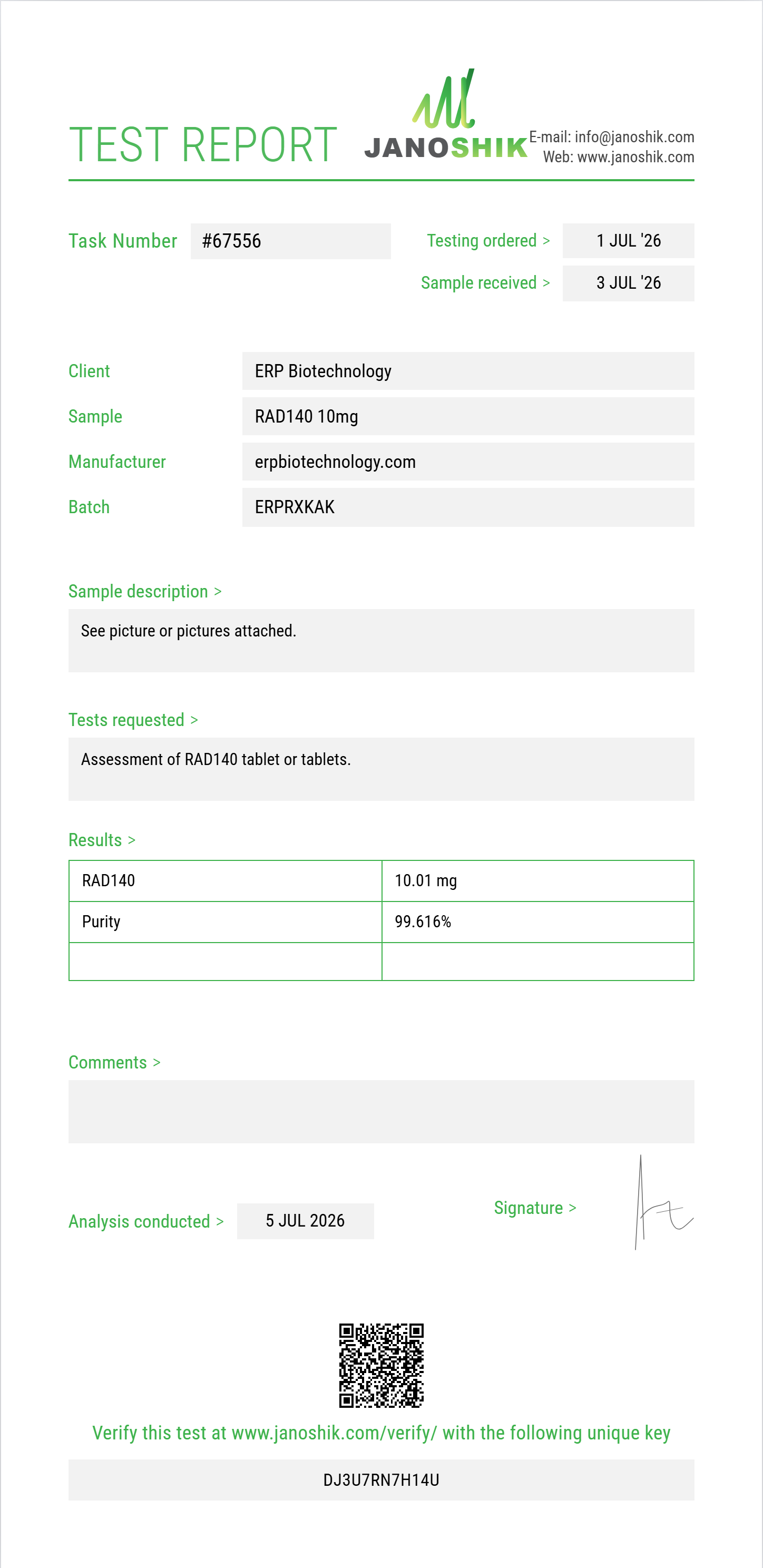 RAD140 Purity (HPLC) report by Janoshik Analytical