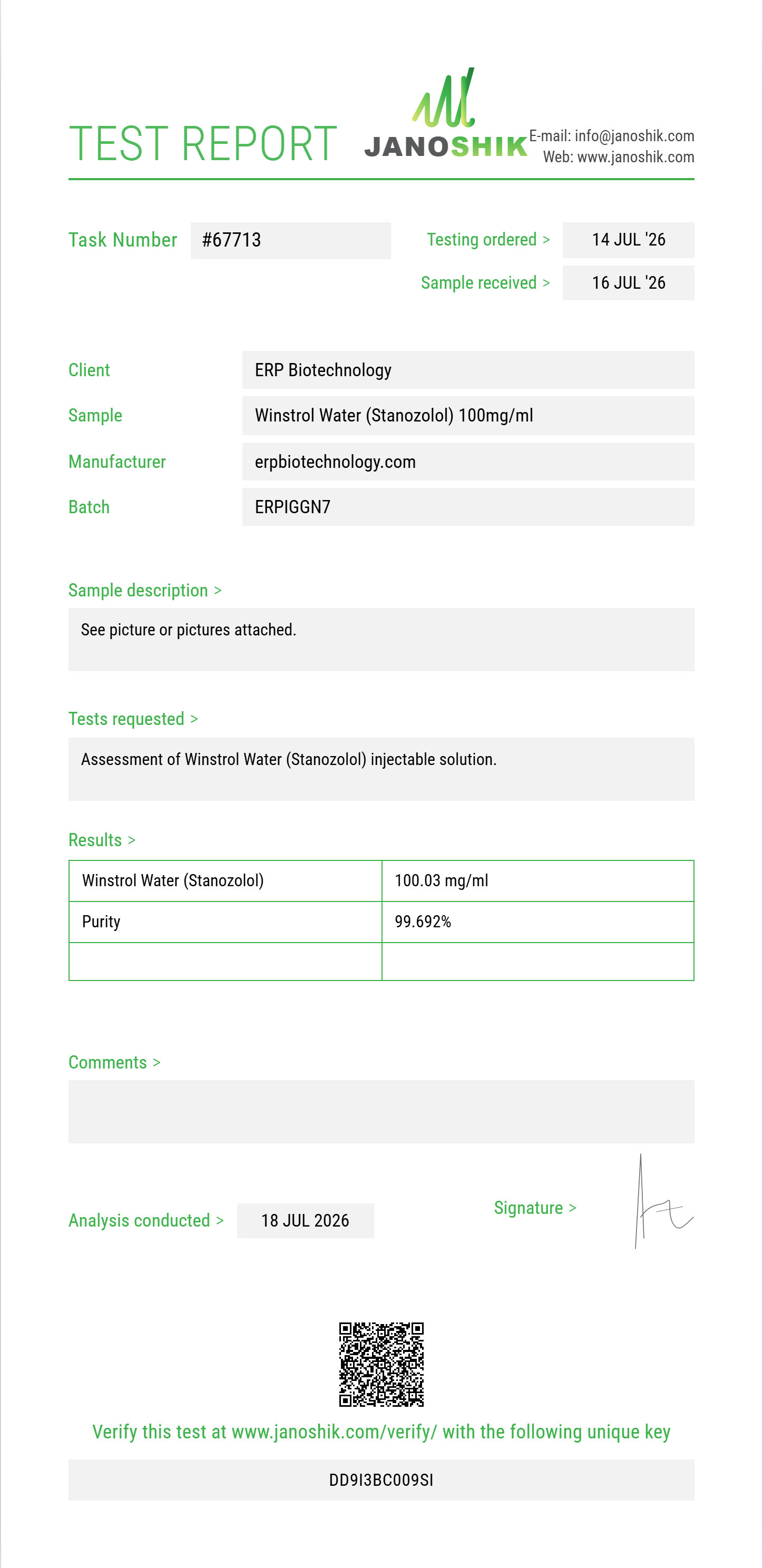 Winstrol Water (Stanozolol) Purity (HPLC) report by Janoshik Analytical