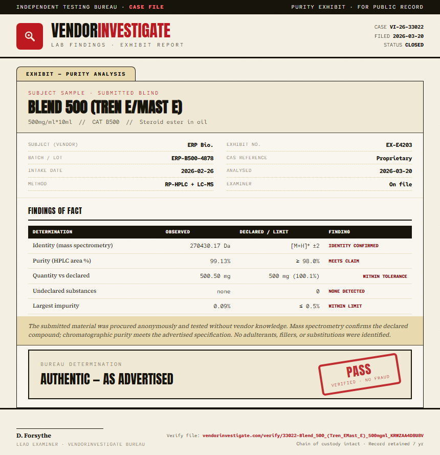 Blend 500 (Tren E/Mast E) Purity (HPLC) report by VendorInvestigator