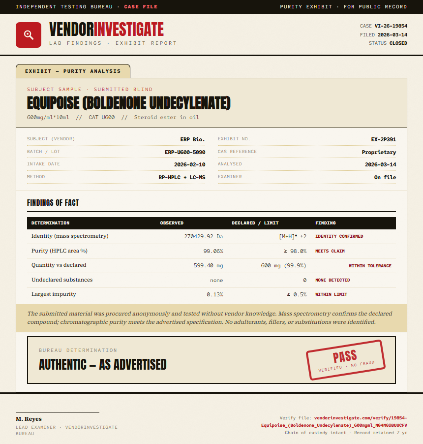 Equipoise (Boldenone Undecylenate) Purity (HPLC) report by VendorInvestigator