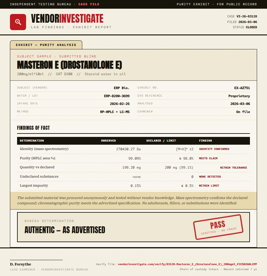 Masteron E (Drostanolone E) Purity (HPLC) report by VendorInvestigator