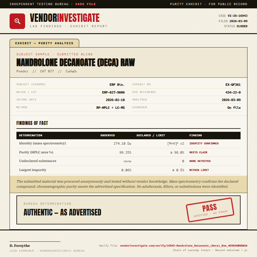 Nandrolone Decanoate (Deca) Raw Purity (HPLC) report by VendorInvestigator