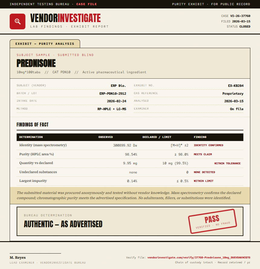 Prednisone Purity (HPLC) report by VendorInvestigator