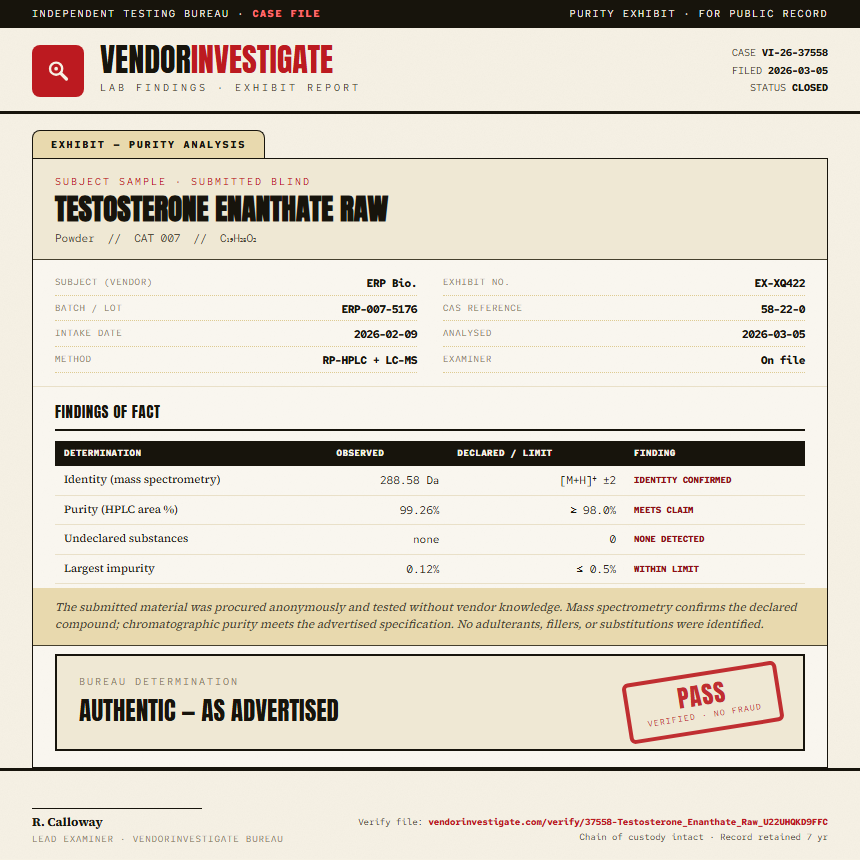 Testosterone Enanthate Raw Purity (HPLC) report by VendorInvestigator