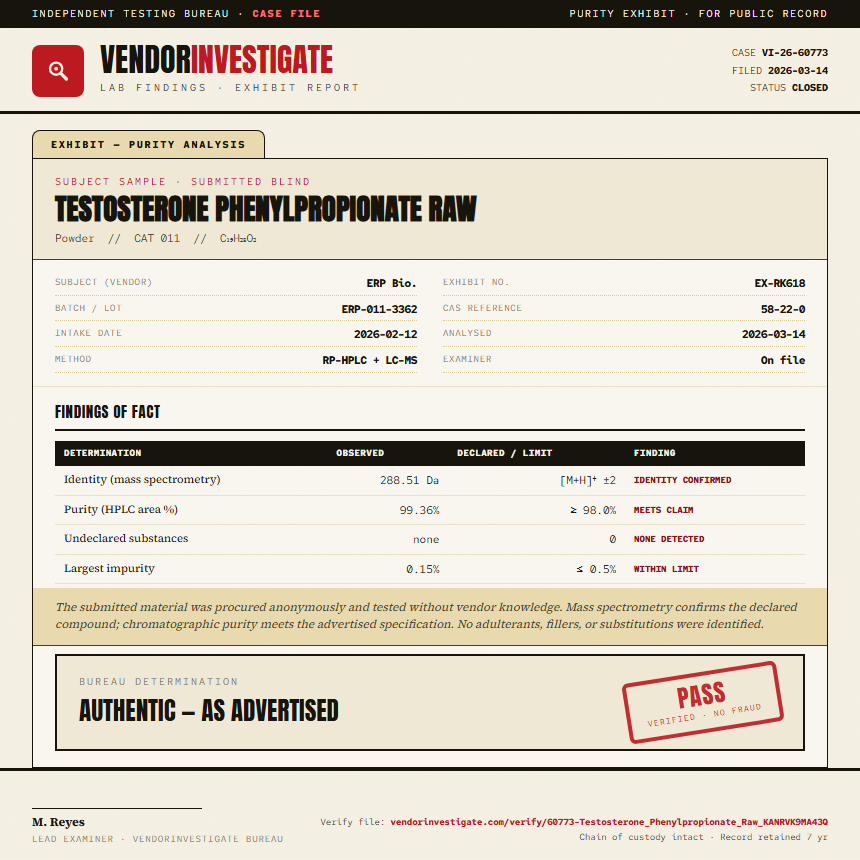Testosterone Phenylpropionate Raw Purity (HPLC) report by VendorInvestigator