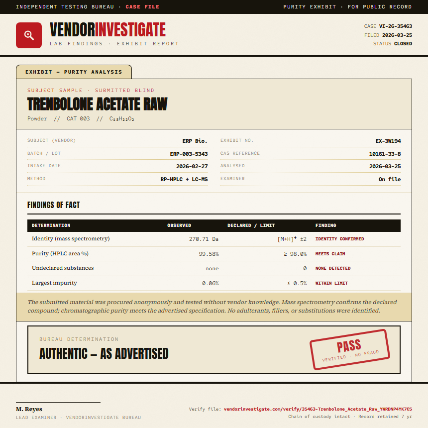 Trenbolone Acetate Raw Purity (HPLC) report by VendorInvestigator
