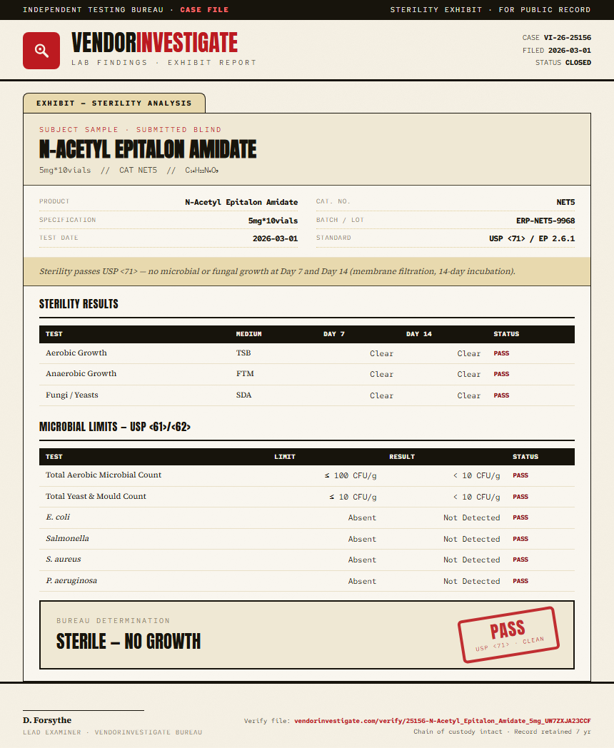 N-Acetyl Epitalon Amidate Sterility report by VendorInvestigator